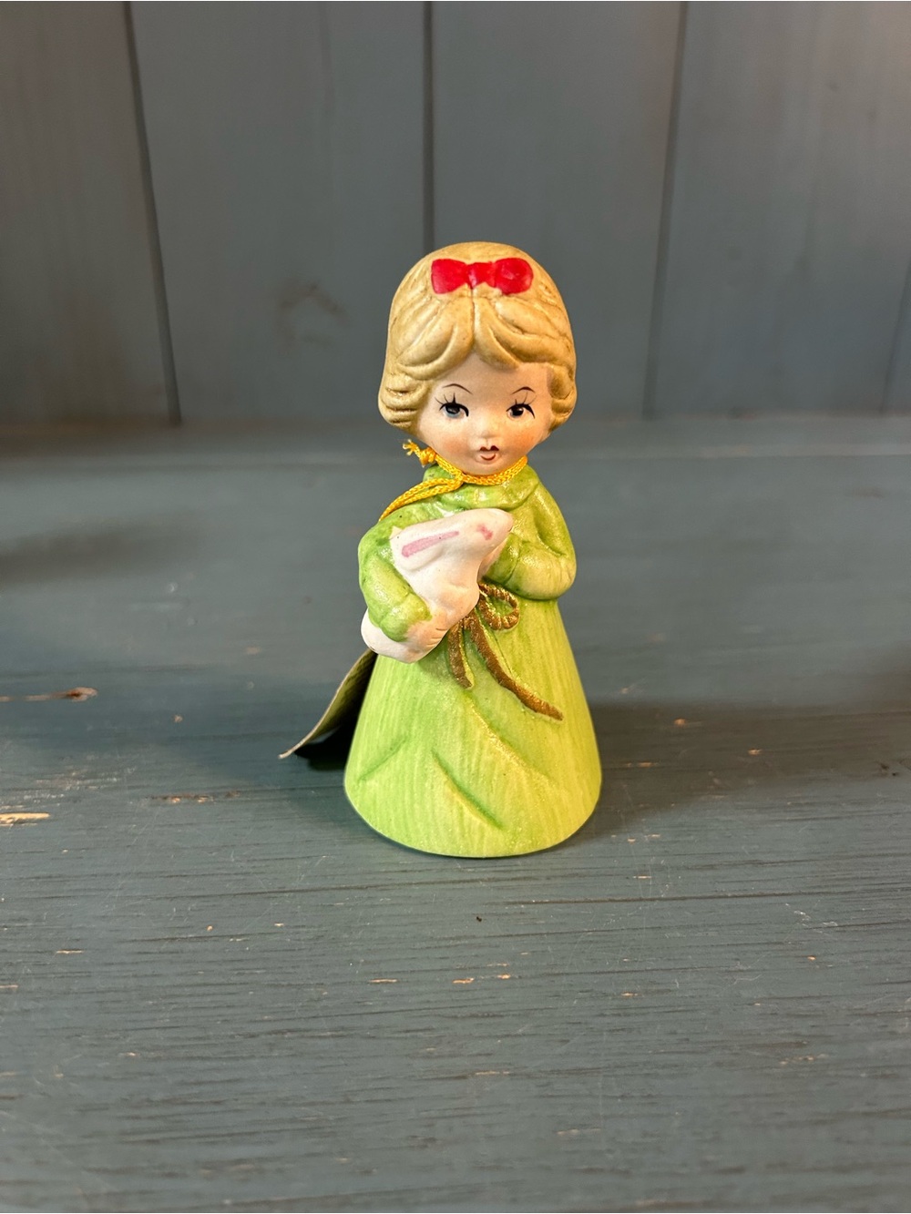 JASCO Vintage 1978 Merri Bells - Green Girl Figurine Holiday Decor with Bunny